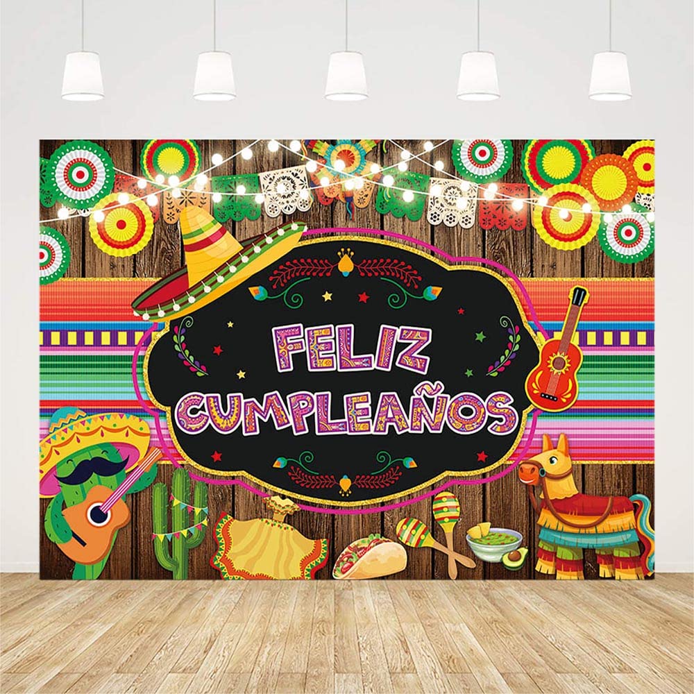 AIBIIN 7x5ft Feliz Cumpleaños Backdrop Mexican Fiesta Happy Birthday Party Decorations Cinco De Mayo Taco Retro Wood Photography Background Festival Colorful Flags Flowers Banner Photo Shoot Props