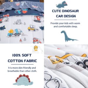 DJY 4 Pieces Cotton Toddler Bedding Set, Dinosaur Cars Reversible Toddler Bed Comforter Set for Kids Boys Girls, Includes Quilted Comforter, Flat Sheet, Fitted Sheet and Pillowcase