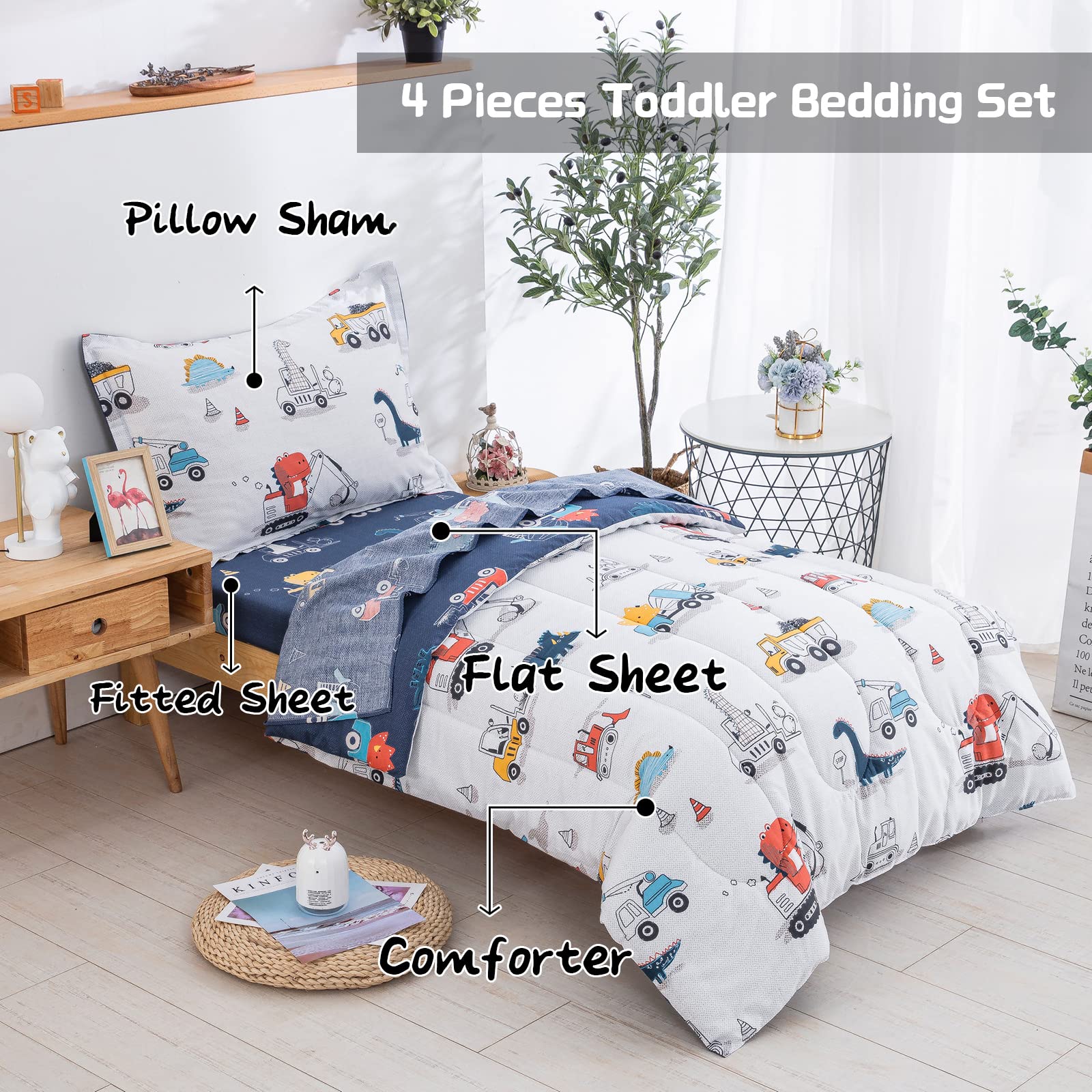 DJY 4 Pieces Cotton Toddler Bedding Set, Dinosaur Cars Reversible Toddler Bed Comforter Set for Kids Boys Girls, Includes Quilted Comforter, Flat Sheet, Fitted Sheet and Pillowcase