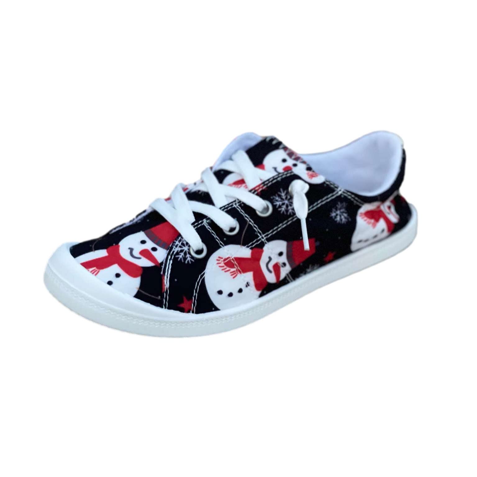 Christmas Shoes for Women Fashion Sneakers Snowman Print Lace Up Flat Canvas Shoes Breathable Comfort Casual Shoes Black