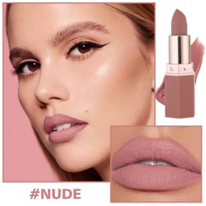 Matte Nude Lipstick Lip Stain Velvet Smooth Lip Stick Waterproof Long Lasting Lip Gloss,Moisturizer Non-Stick Cup Highly Pigmented Natural Lipstick Lip Color Lip Makeup,Perfect Lipstick Gift- Nude