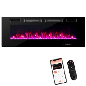 goflame 50 inch electric fireplace, recessed & wall-mounted fireplace heater with touch panel, app control, remote control, 12h timer, adjustable flame color and brightness, overheat protection