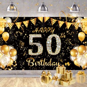50th birthday backdrop banner, large black gold happy 50th birthday banner, men women 50th birthday party decorations, cheers to 50 years banner for garden table wall decoration outdoor indoor