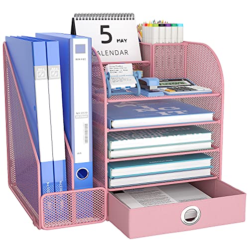 JAFUSI Mesh Desk Organizer with File Holder Magazine Holder,5-Tier Paper Letter Tray Organizer with Pen Holder,Desktop File Organizer with Drawer,10 Sections Suit for Home School Office Supplies