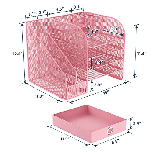 JAFUSI Mesh Desk Organizer with File Holder Magazine Holder,5-Tier Paper Letter Tray Organizer with Pen Holder,Desktop File Organizer with Drawer,10 Sections Suit for Home School Office Supplies