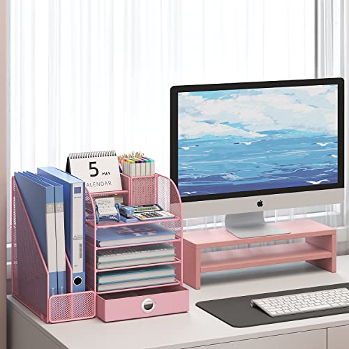 JAFUSI Mesh Desk Organizer with File Holder Magazine Holder,5-Tier Paper Letter Tray Organizer with Pen Holder,Desktop File Organizer with Drawer,10 Sections Suit for Home School Office Supplies