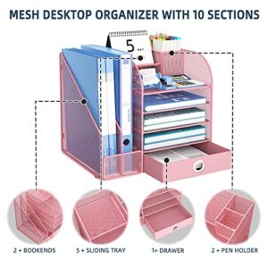 JAFUSI Mesh Desk Organizer with File Holder Magazine Holder,5-Tier Paper Letter Tray Organizer with Pen Holder,Desktop File Organizer with Drawer,10 Sections Suit for Home School Office Supplies