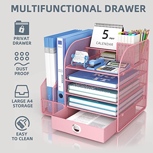 JAFUSI Mesh Desk Organizer with File Holder Magazine Holder,5-Tier Paper Letter Tray Organizer with Pen Holder,Desktop File Organizer with Drawer,10 Sections Suit for Home School Office Supplies