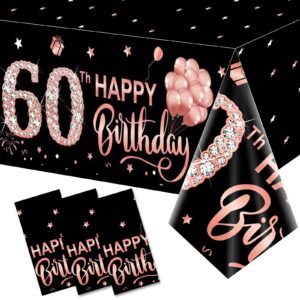 3 pack 60th birthday tablecloth decorations for women, pink rose gold happy sixty birthday theme table cover party supplies, 60 year old birthday plastic disposable rectangular table cloth decor