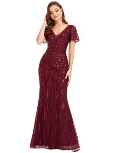 ever-pretty women's deep v-neck short sleeves open back fishtail sparkle formal dresses burgundy us6