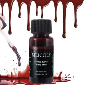 meicoly fake blood washable,edible stage blood,0.5 oz realistic drips sticky fake blood with brush,safe for mouth,nosebleed,halloween,cosplay,fake wound cut bites scar sfx makeup special effects,dark
