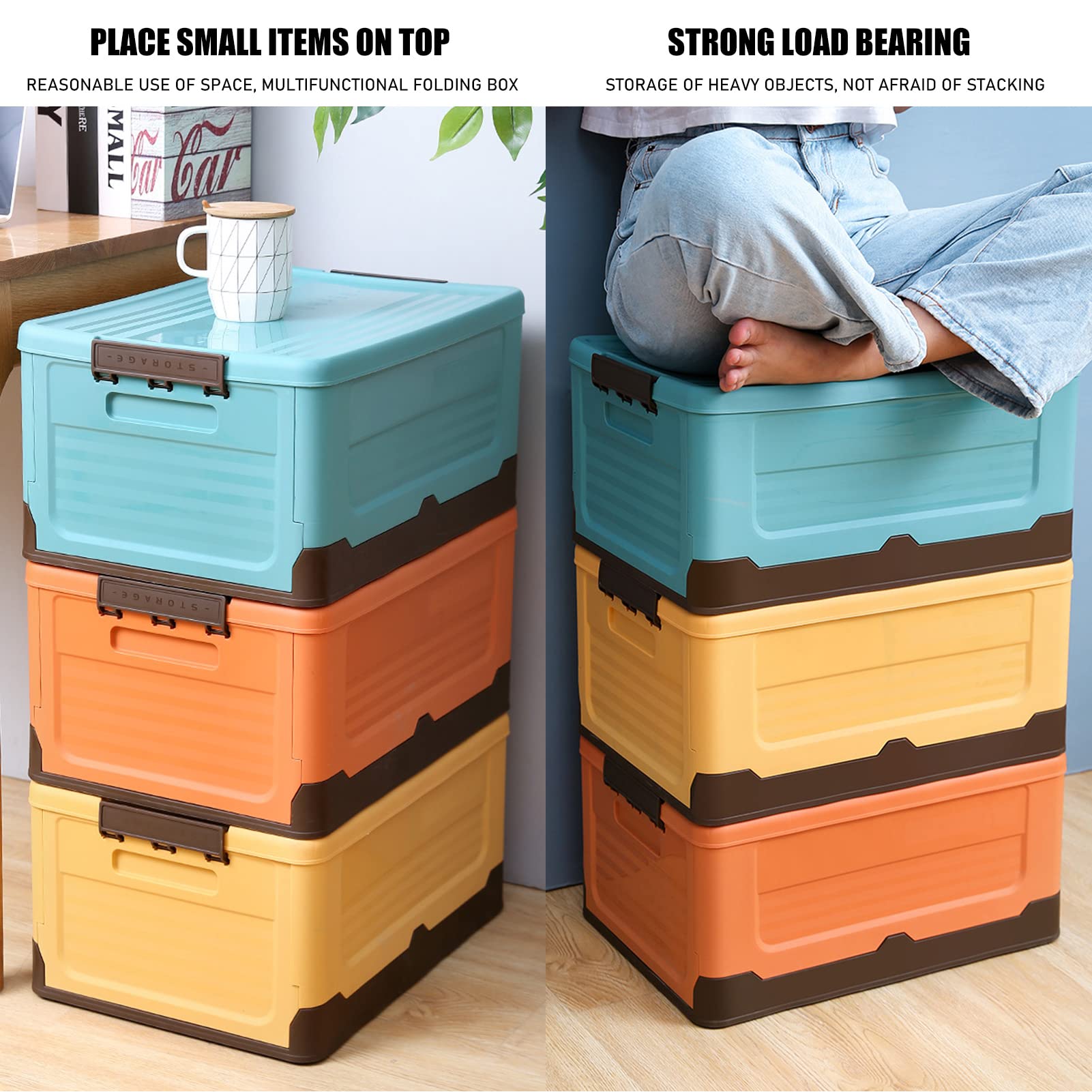 ORIJOYNA Collapsible Storage Bins with Lids 6Gal Folding Plastic Stackable Utility Storage Container Heavy Duty withstand 60Lbs Multifunctional Storage Box for Grocery,Books,Clothes,Shoes(23L,Orange)