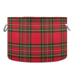 kigai christmas green buffalo plaid large round storage basket with handle, collapsible decorative laundry baskets for blanket, cotton rope organizer toys towels nursery hamper bin, 20" x 14"