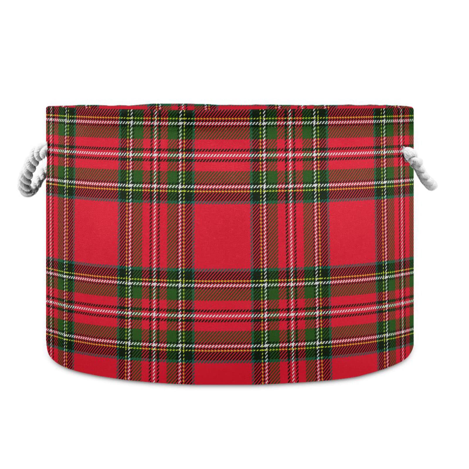 Kigai Christmas Green Buffalo Plaid Large Round Storage Basket with Handle, Collapsible Decorative Laundry Baskets for Blanket, Cotton Rope Organizer Toys Towels Nursery Hamper Bin, 20" x 14"