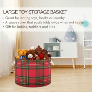 Kigai Christmas Green Buffalo Plaid Large Round Storage Basket with Handle, Collapsible Decorative Laundry Baskets for Blanket, Cotton Rope Organizer Toys Towels Nursery Hamper Bin, 20" x 14"