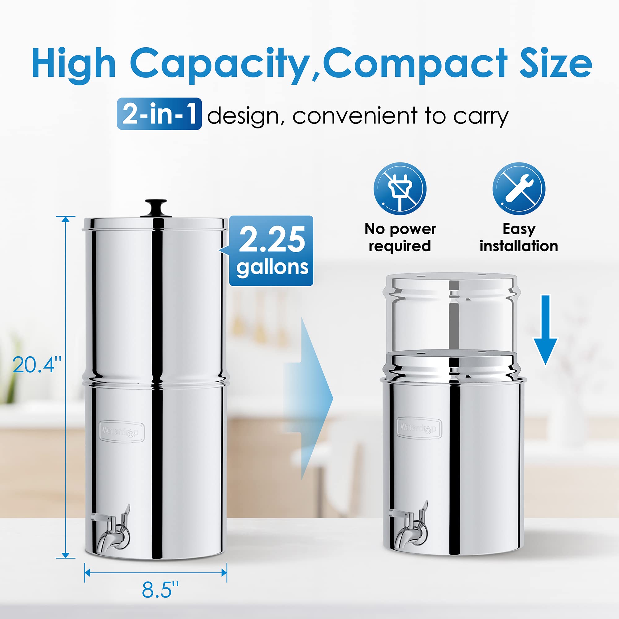 Waterdrop Gravity-fed Water Filter System, Reduces Lead and up to 99% of Chlorine, NSF/ANSI 42&372 Standard, with 2 Black Carbon Filters and Metal Spigot, King Tank Series, WD-TK-A