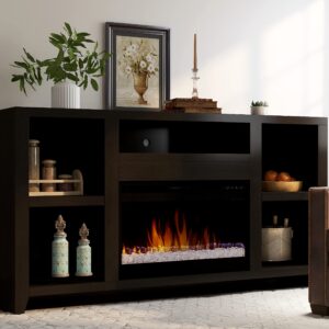 Bridgevine Home Urban Loft Fireplace TV Stand, 62 inches, Accommodates TVs up to 70 inches, Fully Assembled, Poplar Solid Wood, Mocha Finish