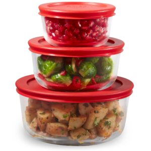 pyrex simply store 6-pc large glass food storage containers set, snug fit non-toxic plastic bpa-free lids, freezer dishwasher microwave safe