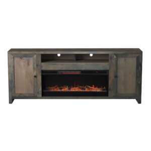 bridgevine home rustic joshua creek fireplace tv stand entertainment center, accommodates tvs up to 95 inches, fully assembled knotty alder solid wood, 83 inches, barnwood finish