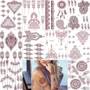 ppvwey 10 sheets henna tattoos temporary henna stickers 10pcs brown tattoo stickers women body art stickers for wedding party(10pcs brown)