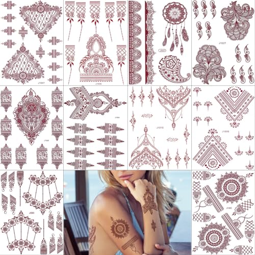 PPVWEY 10 Sheets Henna Tattoos Temporary Henna Stickers 10Pcs Brown Tattoo Stickers Women Body Art Stickers for Wedding Party(10pcs Brown)