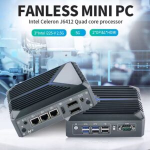 Micro Firewall Appliance 3 Intel I225-V 2.5GbE NIC Ports Fanless Mini PC, Intel Celeron J6412 Quad Core, Support AES-NI,TPM2.0 2xDP 1xHDMI 1xCOM 6xUSB, 16GB DDR4,256GB M.2 SSD