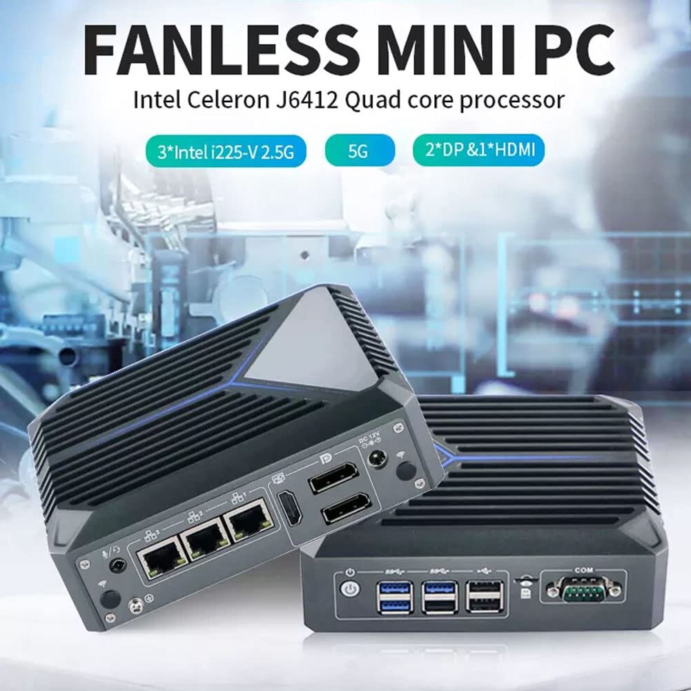 Micro Firewall Appliance 3 Intel I225-V 2.5GbE NIC Ports Fanless Mini PC, Intel Celeron J6412 Quad Core, Support AES-NI,TPM2.0 2xDP 1xHDMI 1xCOM 6xUSB, 16GB DDR4,256GB M.2 SSD