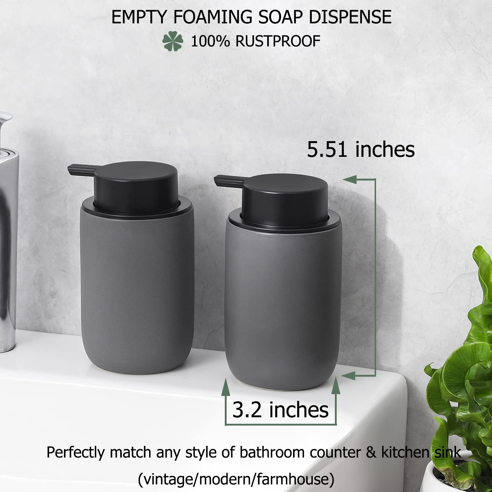 Foaming Soap Dispenser Thick Ceramic Foam Hand Soap Dispenser for Bathroom or Kitchen Sink, Liquid Pump Bottles for Hand soap, Body Wash, 2 Pack Grey