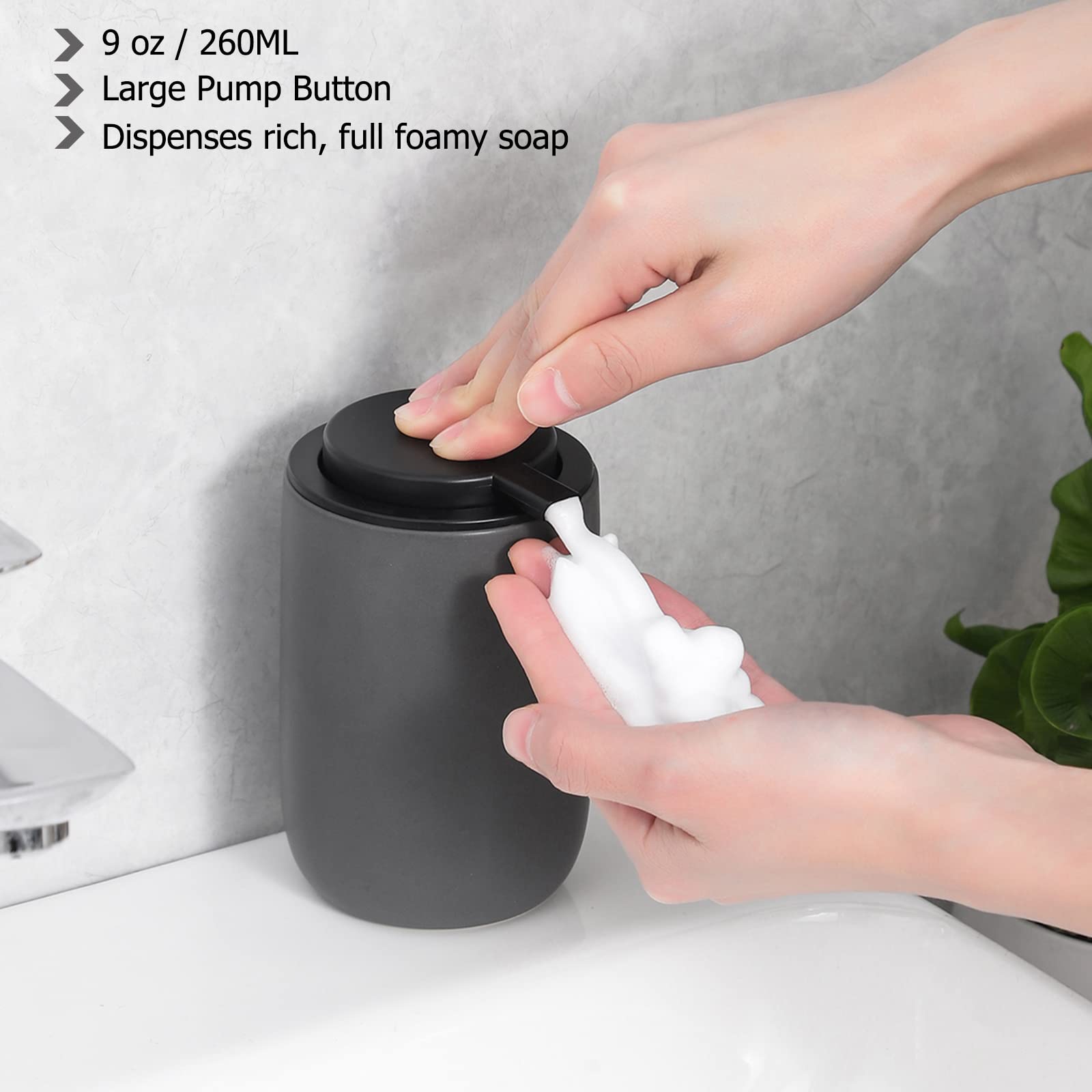 Foaming Soap Dispenser Thick Ceramic Foam Hand Soap Dispenser for Bathroom or Kitchen Sink, Liquid Pump Bottles for Hand soap, Body Wash, 2 Pack Grey