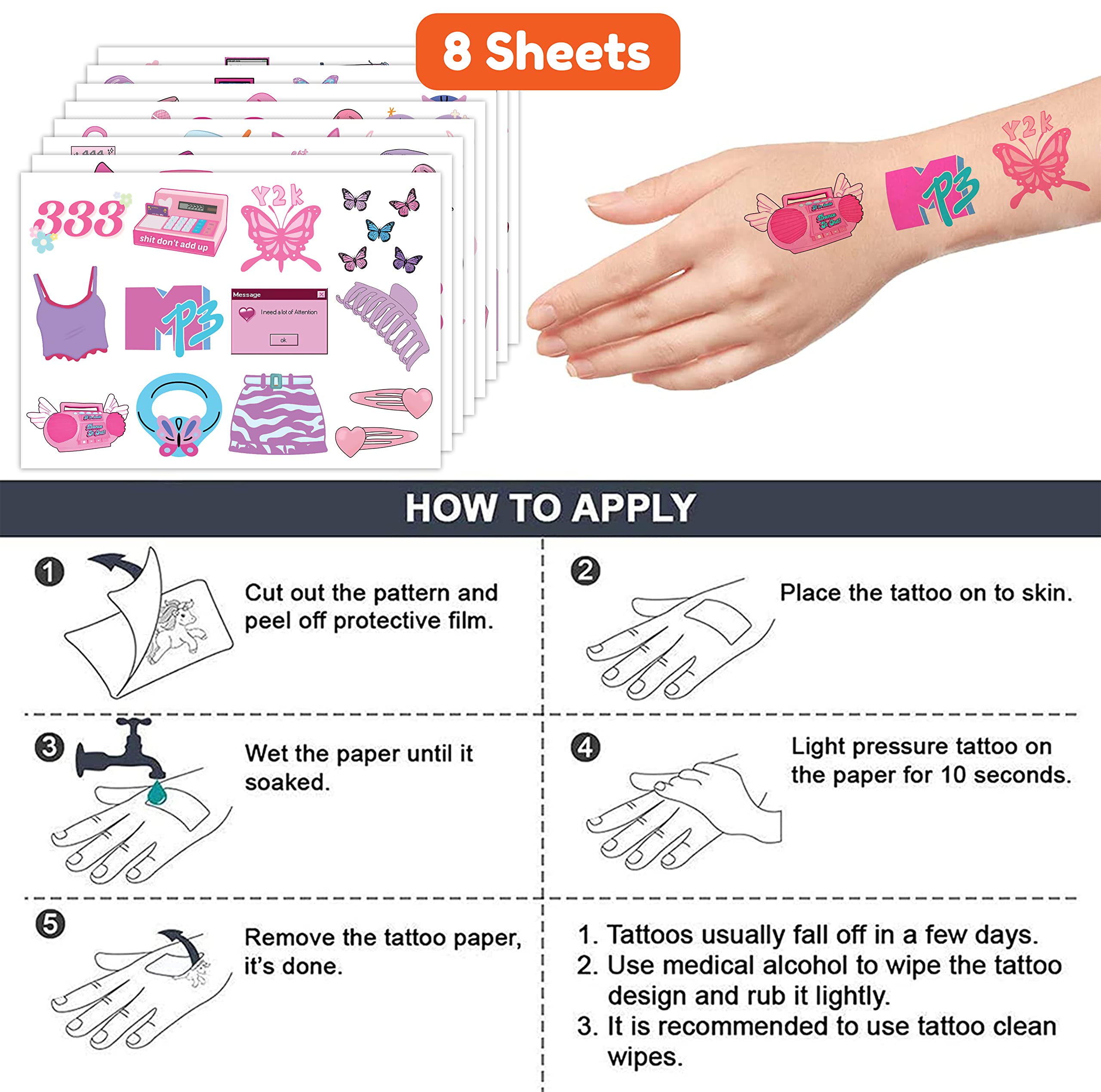 Y2K 2000 Temporary Tattoos for Teen Girls | 96PCS Birthday Party Decorations Supplies Party Favors 00s Pink Cute Gifts Classroom School Prizes Themed Christmas Tattoos Sticker