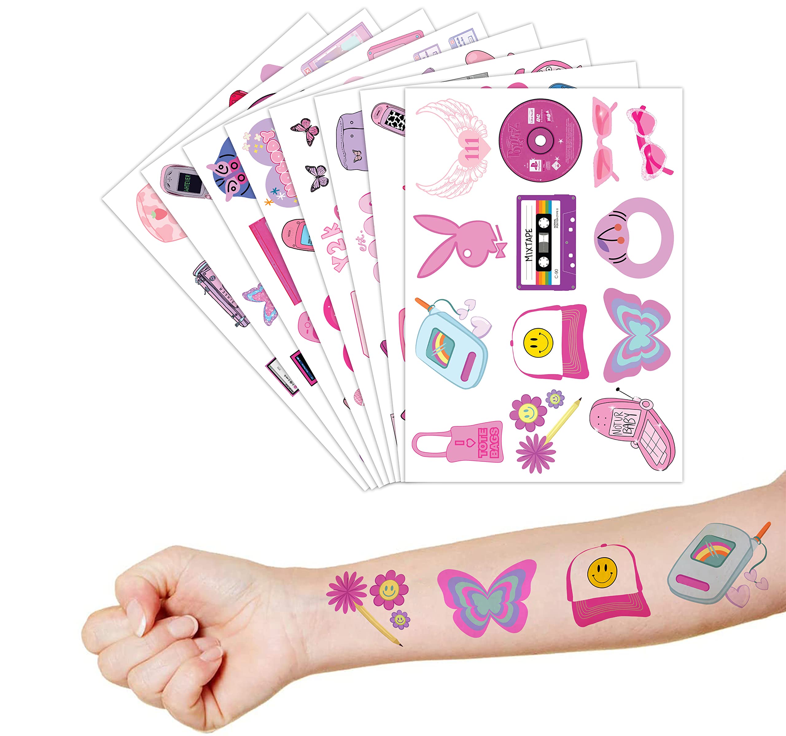 Y2K 2000 Temporary Tattoos for Teen Girls | 96PCS Birthday Party Decorations Supplies Party Favors 00s Pink Cute Gifts Classroom School Prizes Themed Christmas Tattoos Sticker