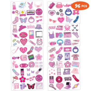 Y2K 2000 Temporary Tattoos for Teen Girls | 96PCS Birthday Party Decorations Supplies Party Favors 00s Pink Cute Gifts Classroom School Prizes Themed Christmas Tattoos Sticker