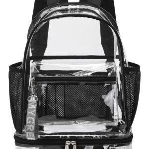 mygreen Clear Backpack, Heavy Duty Transparent Backpacks with Separated Shoe Compartment for Adults Reinforced Straps See-Through Bag for School Work Travel Black