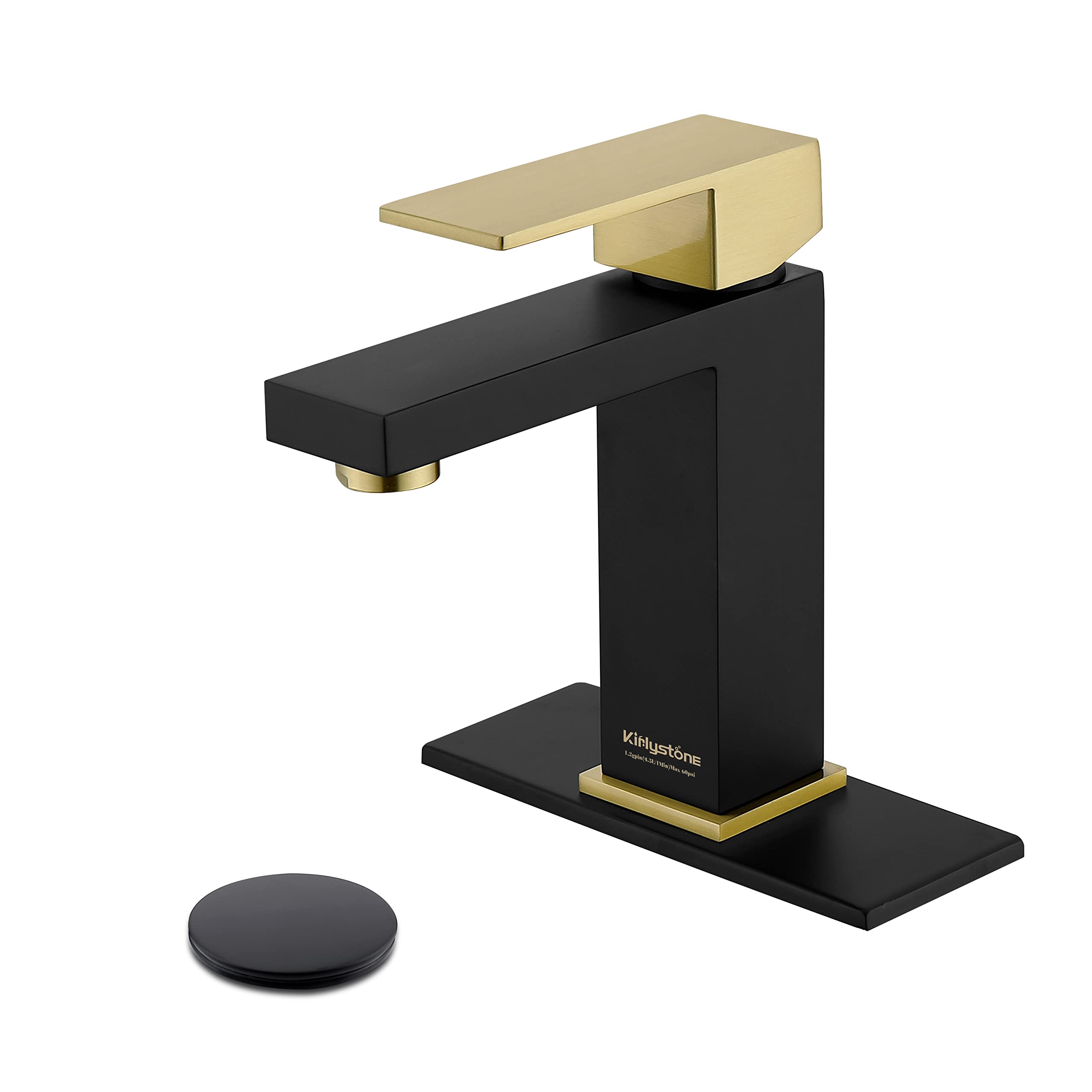 KirlystonE Black and Gold Bathroom Faucet, Modern Single Handle Square Vanity Faucet with Pop-up Drain for 1-Hole and 3-Hole Bathroom Sink Installation