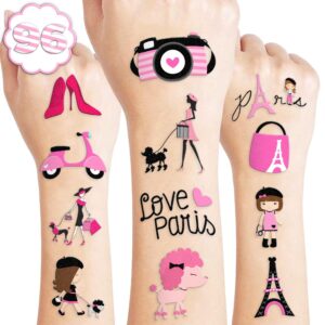 paris temporary tattoos for kids - themed eiffel tower, girl birthday party decorations supplies 96pcs tattoos stickers cute party favors girls boys gifts classroom school prizes themed christmas pink