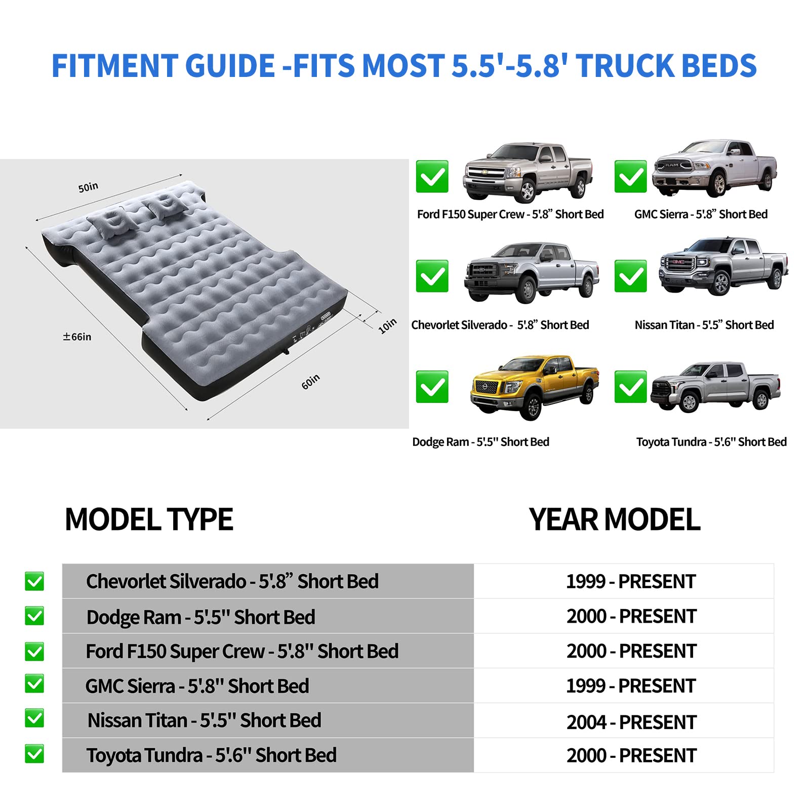 Tecoom Truck Bed Air Mattress for 5.5-5.8ft Short Truck Beds, Thickened Flocking Surface Leakproof Truck Bed Mattress with Pump, Pillows, Portable Truck Air Mattress for Truck Tent Camping, Grey