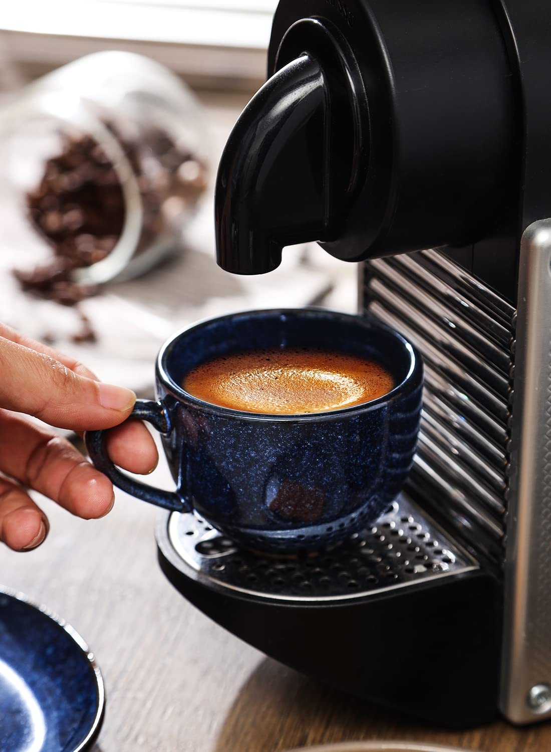 vicrays Ceramic Espresso Coffee Cups Set 4 oz Porcelain Espresso Cups with Saucers Spoons and Metal Stand for Tea Cafe Cappuccino Latte - Set of 6 - Blue