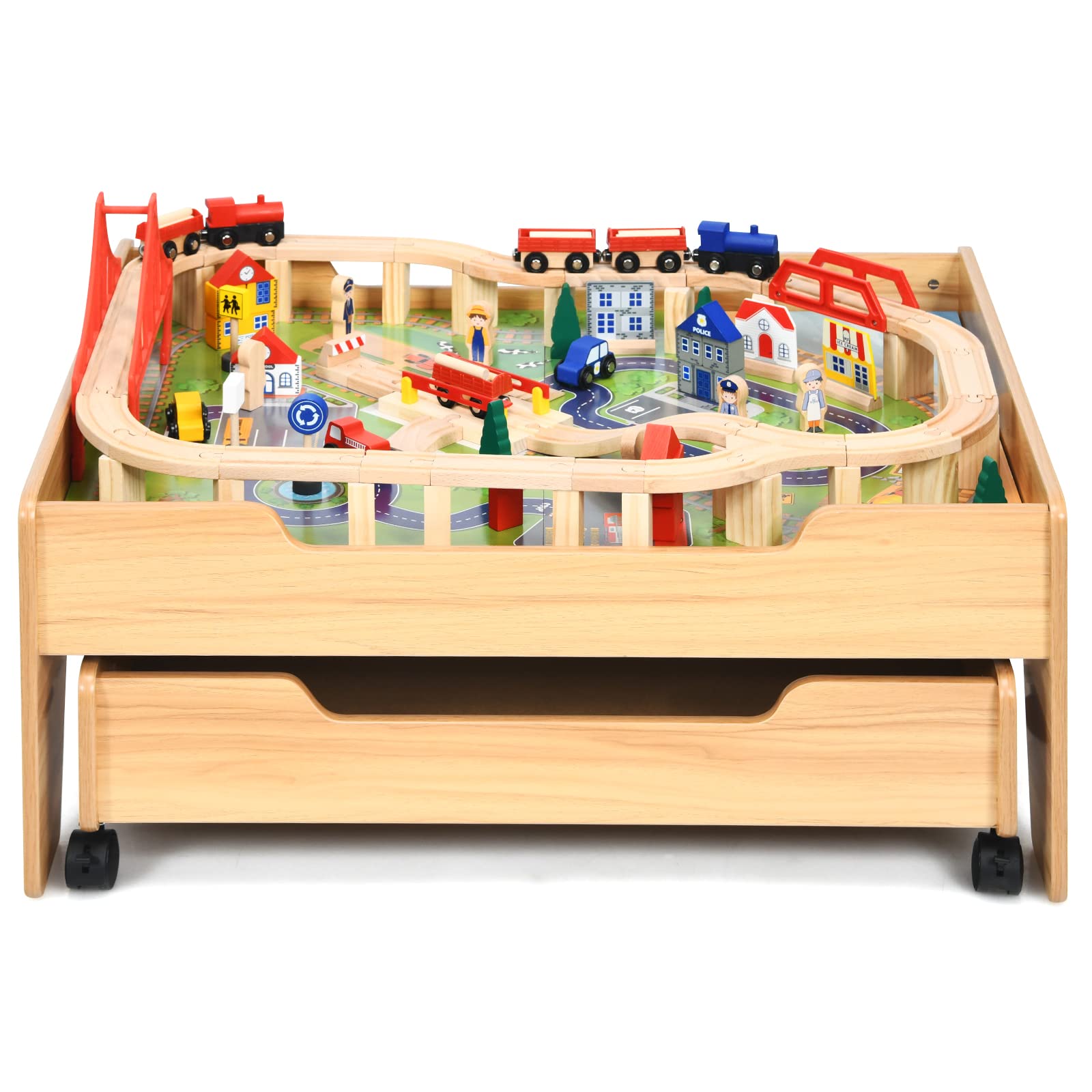 HONEY JOY Train Table, Wooden Kids Activity Table with Storage Drawer, 100 Multicolor Pieces, Tracks, Trains, Cars, Toddler Train Table Set, Gift for Boys Girls Age 3+, Natural