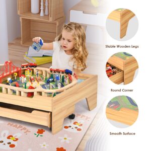 HONEY JOY Train Table, Wooden Kids Activity Table with Storage Drawer, 100 Multicolor Pieces, Tracks, Trains, Cars, Toddler Train Table Set, Gift for Boys Girls Age 3+, Natural