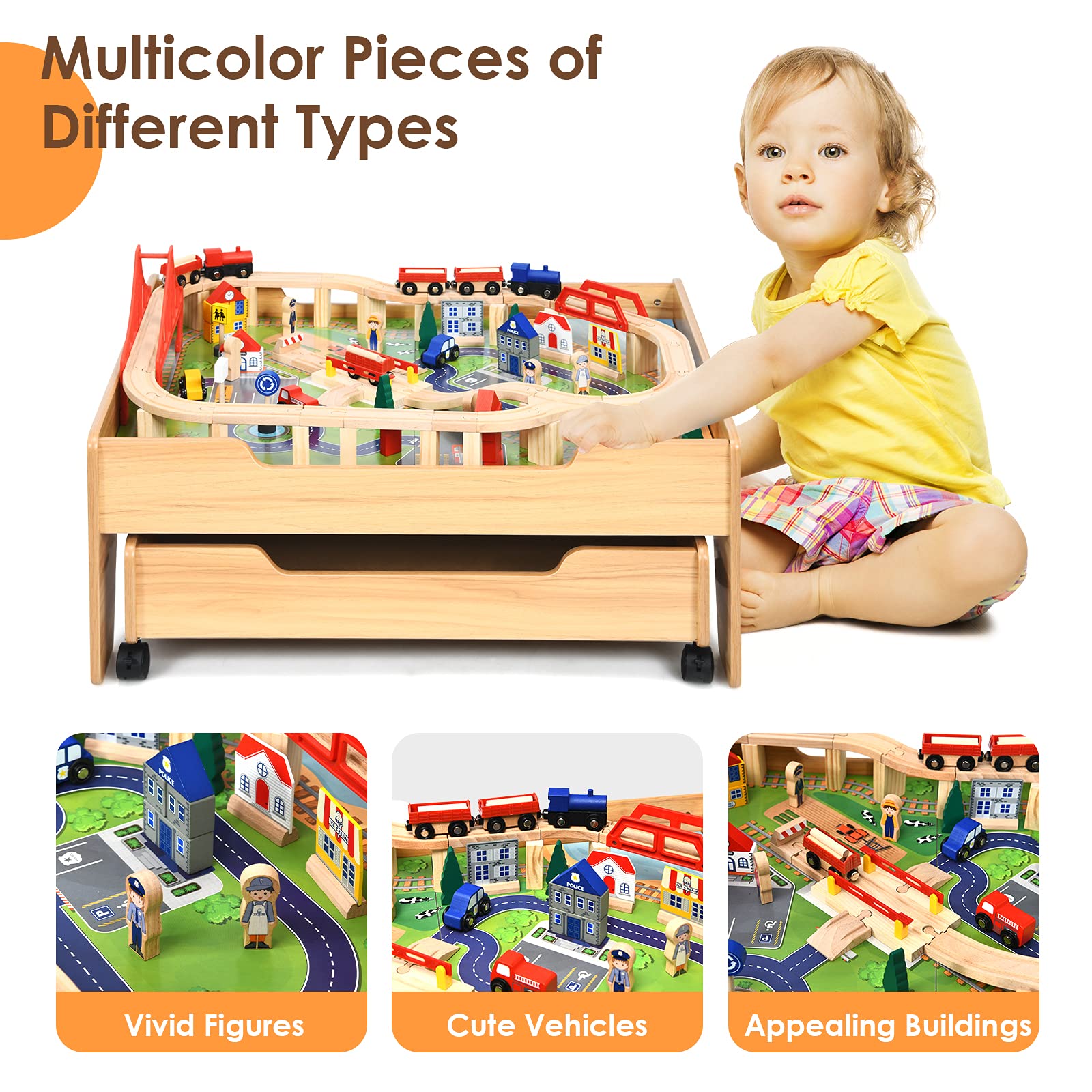 HONEY JOY Train Table, Wooden Kids Activity Table with Storage Drawer, 100 Multicolor Pieces, Tracks, Trains, Cars, Toddler Train Table Set, Gift for Boys Girls Age 3+, Natural