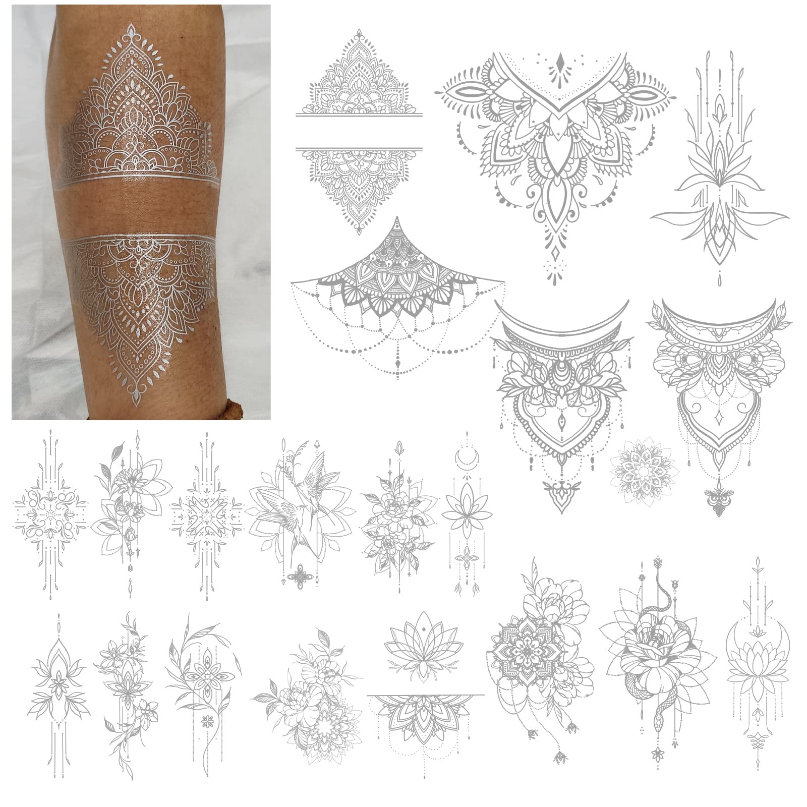 Roarhowl Metallic sparkle temporary tattoos, gold, silver, suitable for all skin tones (silvery 4)