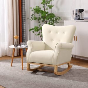 ouyessir rocking chair for nursery, upholstered high-back accent arm chair, comfortable rocker fabric padded seat, modern leisure single glider chair for living room, hotel, bedroom (beige)
