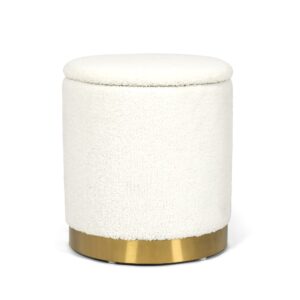 adeco round storage ottoman, upholstered vanity stool with removable lid, footrest stool with gold metal base, side table padded seat for living room bedroom, white