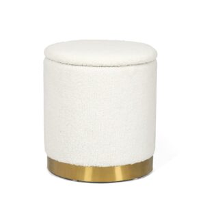 Adeco Round Storage Ottoman, Upholstered Vanity Stool with Removable Lid, Footrest Stool with Gold Metal Base, Side Table Padded Seat for Living Room Bedroom, White