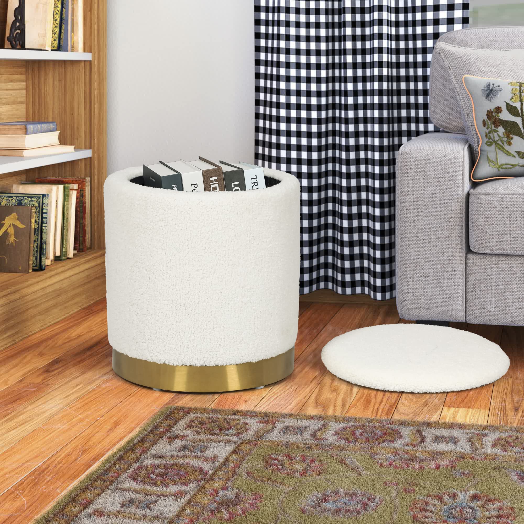 Adeco Round Storage Ottoman, Upholstered Vanity Stool with Removable Lid, Footrest Stool with Gold Metal Base, Side Table Padded Seat for Living Room Bedroom, White