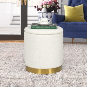 Adeco Round Storage Ottoman, Upholstered Vanity Stool with Removable Lid, Footrest Stool with Gold Metal Base, Side Table Padded Seat for Living Room Bedroom, White