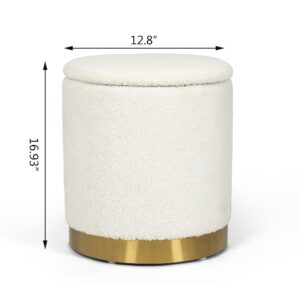Adeco Round Storage Ottoman, Upholstered Vanity Stool with Removable Lid, Footrest Stool with Gold Metal Base, Side Table Padded Seat for Living Room Bedroom, White