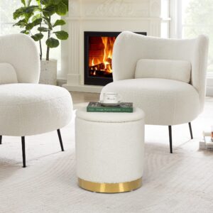 Adeco Round Storage Ottoman, Upholstered Vanity Stool with Removable Lid, Footrest Stool with Gold Metal Base, Side Table Padded Seat for Living Room Bedroom, White