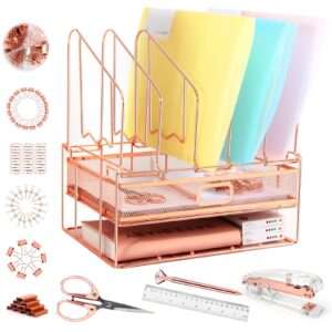 rose gold desk organizers and accessories with 5 vertical file folder holders & sliding drawer, cute office supplies for women, desk file organizer, binder holder for desk, binder holder for desk