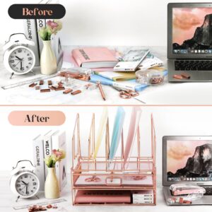 Rose Gold Desk Organizers and Accessories with 5 Vertical File Folder Holders & Sliding Drawer, Cute Office Supplies for Women, Desk File Organizer, Binder Holder for Desk, Binder Holder for Desk